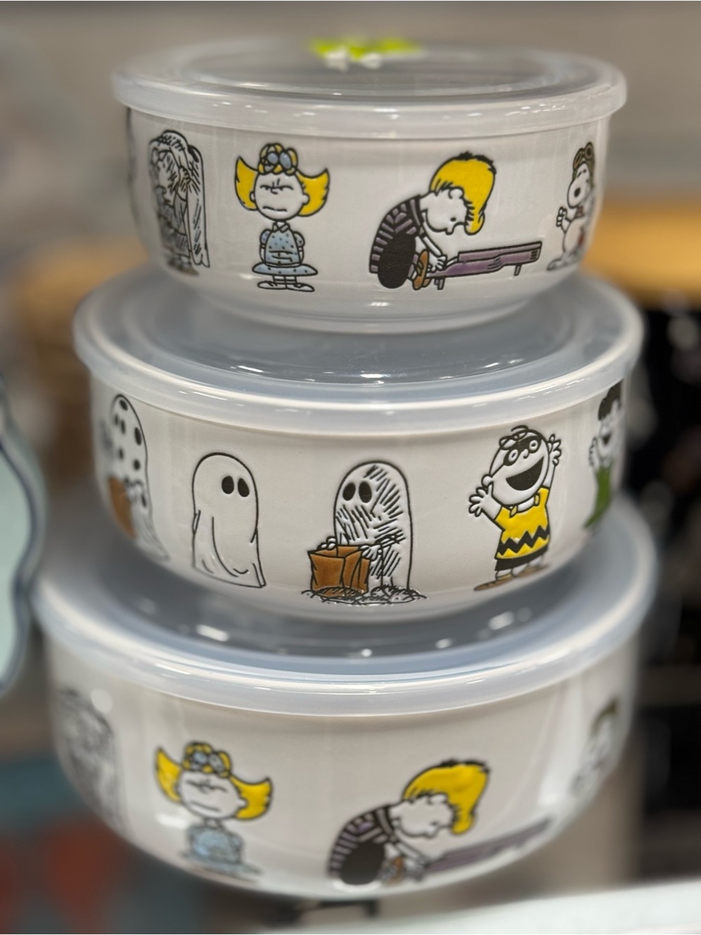 Peanuts Ceramic 3 food containers Bowl Set - Yellow & White Cartoon Design